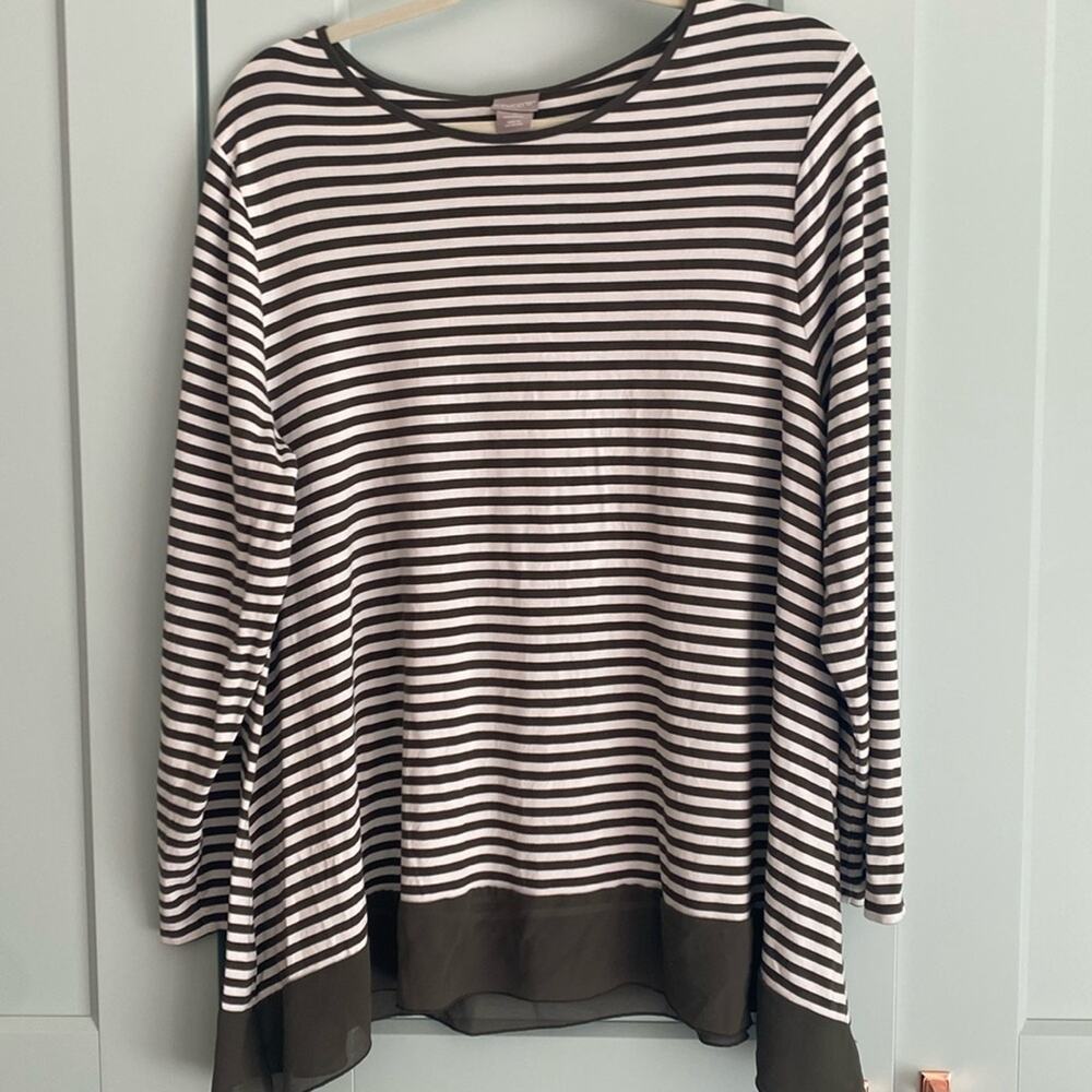 Chicos sheer shark bite hem green and white stripe long sleeve tunic sz 3 XL